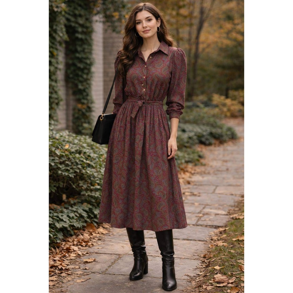 VTG Paisley Midi Shirt Dress Women Red Puff Sleeve Academia